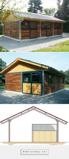 two pictures showing different types of garages in the same area, one with an open roof