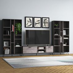 a living room with an entertainment center and bookshelves