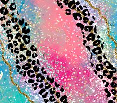 an abstract painting with leopard print and gold glitters on blue, pink, yellow and green background