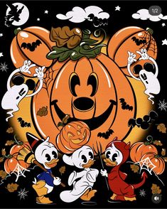 mickey mouse and friends in front of a jack - o'- lantern pumpkin poster