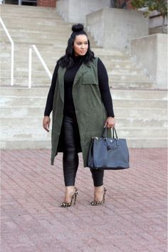 Leather Leggings Outfit, Green Vest