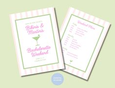 two wedding programs are shown on a green and pink striped background with the wording