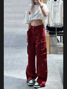 Tavimart Women Bottoms Red Vintage Baggy Cargo Pants Fashion Pocket High Waist Straight Pants High Street Wide Leg Trouser Ladies Summer High Waisted Baggy Pants, High Waisted Pants Women, Red Cargo Pants Outfit Street Styles, Izzycore Outfits, Red Cargo Outfit, Maroon Cargo Pants Outfit, Burgundy Summer Outfit, Red Baggy Parachute Pants For Streetwear, Baggy Red Cargo Pants With Side Pockets