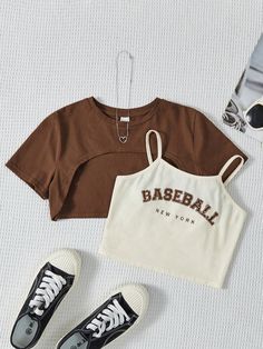 Conjunto De 2 Piezas De Camiseta De Cuello Redondo Y Manga Corta Y Chaleco De Cami De Punto Deportivo De Moda Para Niñas Multicolor Casual    Letras  Elástico Ligero  Tween Girls Clothing, size features are:Bust: ,Length: ,Sleeve Length: Kids Sleepwear, Short Sleeve Top, Maternity Bag, Girls Clothing, Denim Wash, Colorful Leggings, Girls Tshirts, Denim Women, Women Clothes Sale