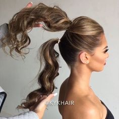 21 Instagram Hair Hacks That Are Borderline Genius | SELF Half Up Half Down Evening Hair, Formal Hairstyles Ponytail, Glam Ponytail Hairstyles, Double Ponytail Hairstyles, Fake Ponytail Hairstyles, Elegant High Ponytail, Garden Party Hair, Formal Ponytail Hairstyles, Cocktail Party Hair