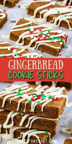 gingerbread cookie sticks with white icing and sprinkles on top are shown