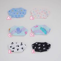 four different styles of cloth hair clips on a white surface with the letters abc, b, c, d and f