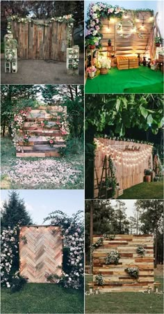 wooden pallet wedding backdrops with flowers and greenery on the top, in different stages