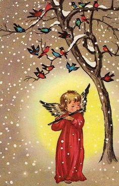 an angel standing next to a tree with birds on it's wings in the snow