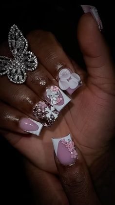 Nails With Butterflies Charm, Acrylic Toes Ideas, Acrylic Nails With Butterfly Charm, 3d Nail Charms Acrylic Nails, Sagittarius Nails, Nails W Butterfly Charms, Nails Acrylic Charms Y2k, Toes Ideas, Acrylic Toes