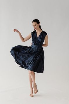 Ines dress in navy silk charmeuse Silk Charmeuse Dress, Charmeuse Dress, Voluminous Skirt, Kimono Coat, Navy Midi Dress, Feminine Silhouette, Silk Charmeuse, Gathered Skirt, Black Midi Dress