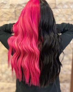 Are you looking for some super fun and trendy split hair color ideas?  Here are some of my absolute favorite half hair dye looks this season!  If you want some split dye hair inspo, this post is for you.  Half hair color and split dye trends are my jam!  #haircolor #hairtrends #trendyhair #hairinspo Split Hair Color, Brown And Pink Hair, Trendy We Fryzurach, Pink And Black Hair, Creative Hair