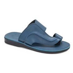 Peter Blue, handmade leather slide sandals with toe loop - Front View Sandal Slides, Mens Slide Sandals, Ankle Strap Sandals Flat, Toe Loop Sandals, Mens Shoes Sandals, Closed Toe Sandals, Ankle Strap Flats, Leather Slide Sandals, Flexible Design