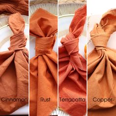 three different ways to tie a scarf on a plate with the words cinnamon, rust, terracotta and copper