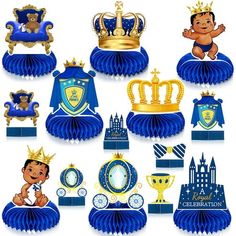 a bunch of blue and gold items on top of eachother in front of a white background