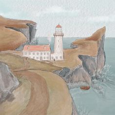 a drawing of a lighthouse on top of a cliff