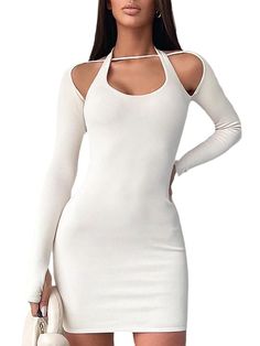 Material: 80-90% Polyester & Spandex. Features:Ribbed. stretchy. long sleeve. solid color. halter neck. cutout. scoop neck. bodycon. mini dress.Style: Clubwear