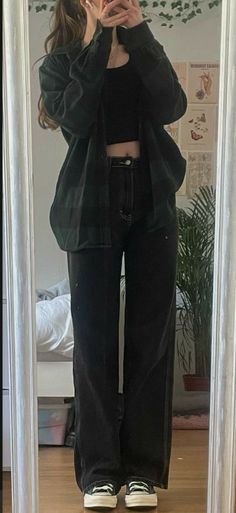 black pants, black top, green flannel, button up shirt, outfit ideas, women’s fashion, outfit inspo Looks Pinterest, Swaggy Outfits, Mode Inspo, Teen Fashion Outfits, Dream Clothes, Retro Outfits, Outfits Aesthetic