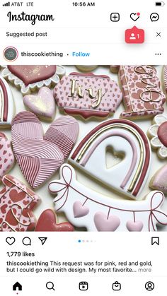 the instagram page on instagram is filled with pink and white cookies, hearts, and