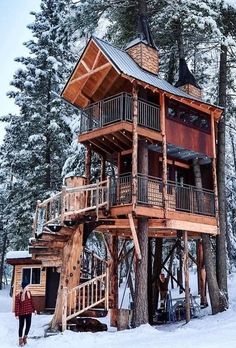 a tree house built into the side of a snow covered forest