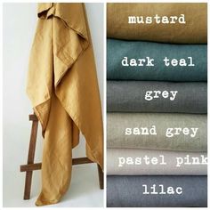 four different colors of linens stacked on top of each other, with the words'mustterd dark teal grey sand grey pastel pink lilac