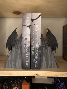 two books sitting on top of a wooden shelf