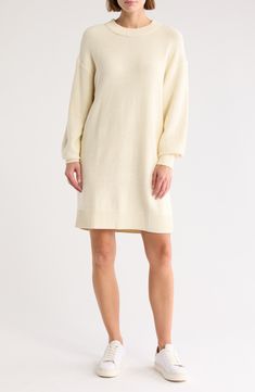 Chunky rib-knit hems and roomy drop-shoulder sleeves emphasize the oversized, cozy shape of a sweater dress babydoll dress ready for any season. Crewneck Long sleeves 60% cotton, 40% acrylic Hand wash, dry flat Imported Oversized Beige Sweater Dress For Spring, Cream Knit Long Sleeve Sweater Dress, Cream Long Sleeve Knit Sweater Dress, Long Sleeve Cream Knit Sweater Dress, Cozy Cream Sweater Dress For Spring, Casual Cream Knit Sweater Dress, White Crew Neck Sweater Dress For Fall, Cozy White Sweater Dress For Fall, Cozy Cream Sweater Dress For Fall