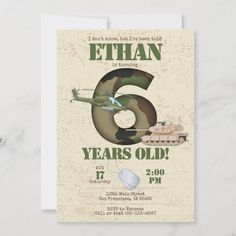 Army Invitation - 6th Birthday Invitation Size: 5" x 7". Color: camo. Gender: unisex. Age Group: adult. Material: Matte. Army Invitation, 5th Birthday Invitation, Camo Birthday Party, Army Birthday Parties, Camo Birthday, Military Party, Army's Birthday, Army Party, 2nd Birthday Party Themes