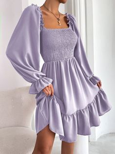 Discover the Square Neck Shirred Bodice Flounce Sleeve Ruffle Hem Dress you never knew you needed. At ROMWE. Mode Purple, Shein Outfits, Bodice Dress, Minimalist Dresses, Square Neck Dress, Ruffle Hem Dress, Flounce Sleeve, Blue Midi Dress