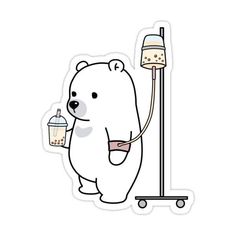 a polar bear holding a baby bottle next to a lamp sticker on a white background