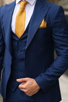 Blue And Gold Groom Suit, Navy And Gold Suit, Blue And Gold Groomsmen, Blue Suit Gold Tie, Navy Blue And Gold Suit, Blue And Gold Suit, Blue And Yellow Suit, Royal Blue Suit Wedding, Navy Blue Groomsmen