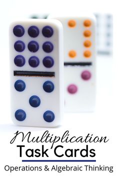 two white and blue dices with the words multiplication task cards on them