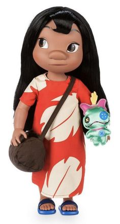 the doll is wearing a red dress and carrying a brown purse with an animal in it's hand