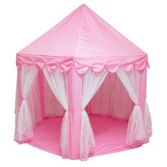 a pink play tent with white curtains and polka dots on the top, sitting in front of a white background