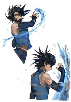 two anime characters with black hair and blue clothes, one is holding his hand up to the