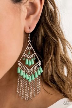 Trending Transcendence Green and Silver Earrings - Paparazzi Accessories Fringe Earring, Chain Fringe, Rose Gold Frame, Nickel Free Jewelry, Silver Chains, Fish Hook Earrings, Paparazzi Accessories, Teardrop Beads, Blue Gems