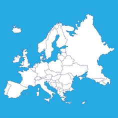 a map of europe with all the countries in white on a light blue background,