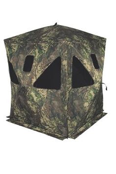 an image of a camouflage tent with two large holes on the front and one small hole at the back