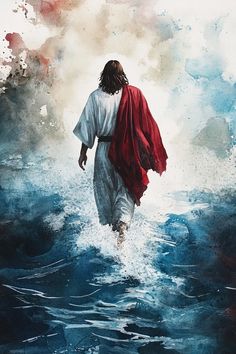 a painting of jesus walking in the water with his red cape over his head and body