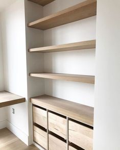 an empty room with some shelves and drawers