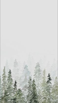 a painting of trees in the snow with white and green colors, on a gray background