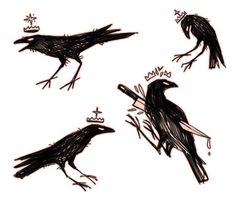 three black birds with crowns on their heads and one bird has its beak pointed up