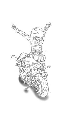 a black and white drawing of a person on a motorcycle with their arms in the air