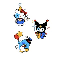 three cartoon cats with clown hats and balloons