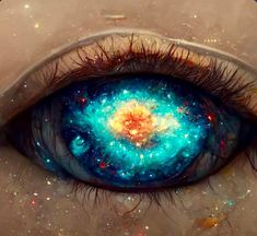 an eye is shown with the center part of it's iris opened to reveal a star cluster