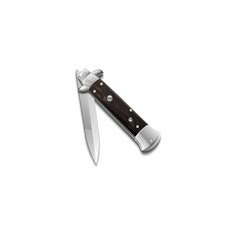 a knife that is sitting on top of a white surface with black handles and brown blades