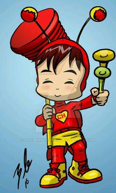 a drawing of a little boy dressed in red and yellow holding a stick with an apple on it