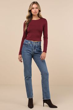 Say hello to your new go-to that everyone will loveâ€”the Lulus Daily Coolness Dark Plum Cutout Long Sleeve Crew Neck Top! Soft and stretchy jersey knit shapes a crew neckline framed by long, fitted sleeves. The figure-hugging bodice boasts a flirty cutout at the back before ending at a slightly cropped hem. Fit: This garment fits true to size. Length: Size medium measures 19" from shoulder to hem. Bust: Great for any cup size. Waist: Fitted - stretchy fabric allows custom fit. Undergarments: Ma Fitted Sleeves, Crew Neck Top, Cup Size, Stretchy Fabric, Say Hello, Custom Fit, Crew Neckline, Long Sleeve Top, Knit Jersey