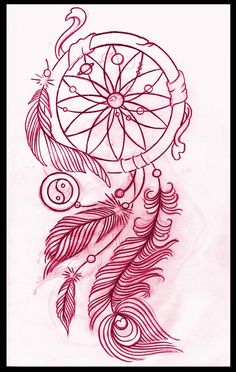 a drawing of a dream catcher with feathers