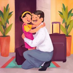 a man kneeling down next to a woman in front of a suitcase and potted plant